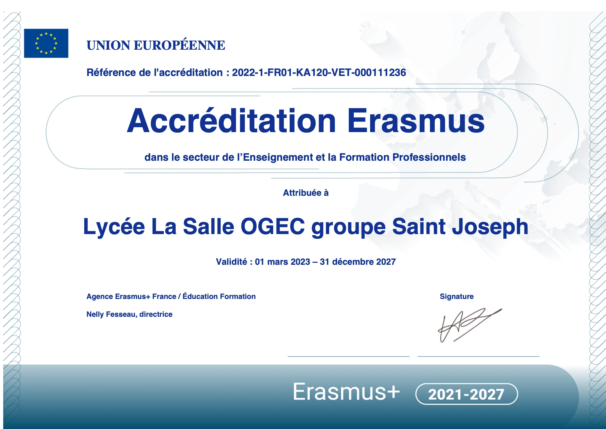 Certificat d'accreditation Erasmus+ pour l'Enseignement et la Formation Professionnels